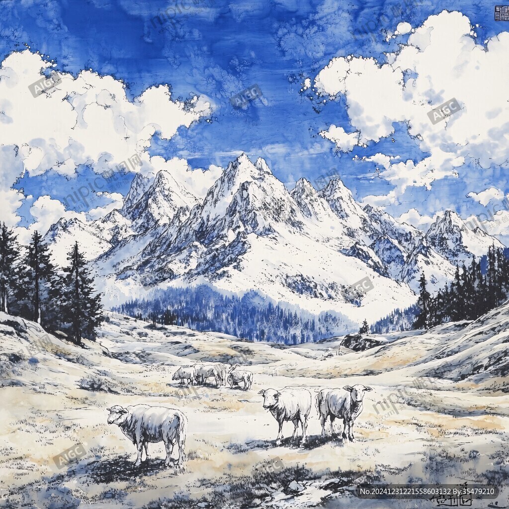 手绘草原草雪山