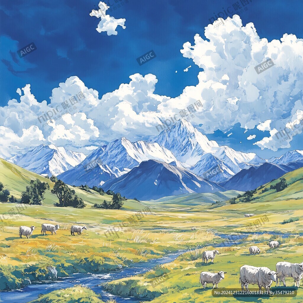 手绘草原草雪山
