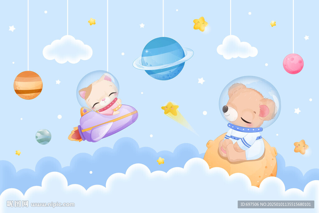 卡通太空星球可爱动物宇航员背景