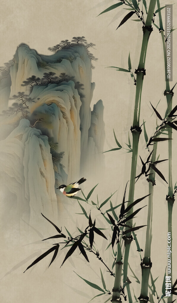 水墨竹林山水画