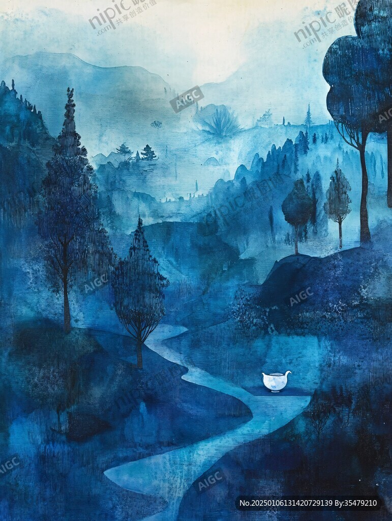 山水风光禅意水彩画
