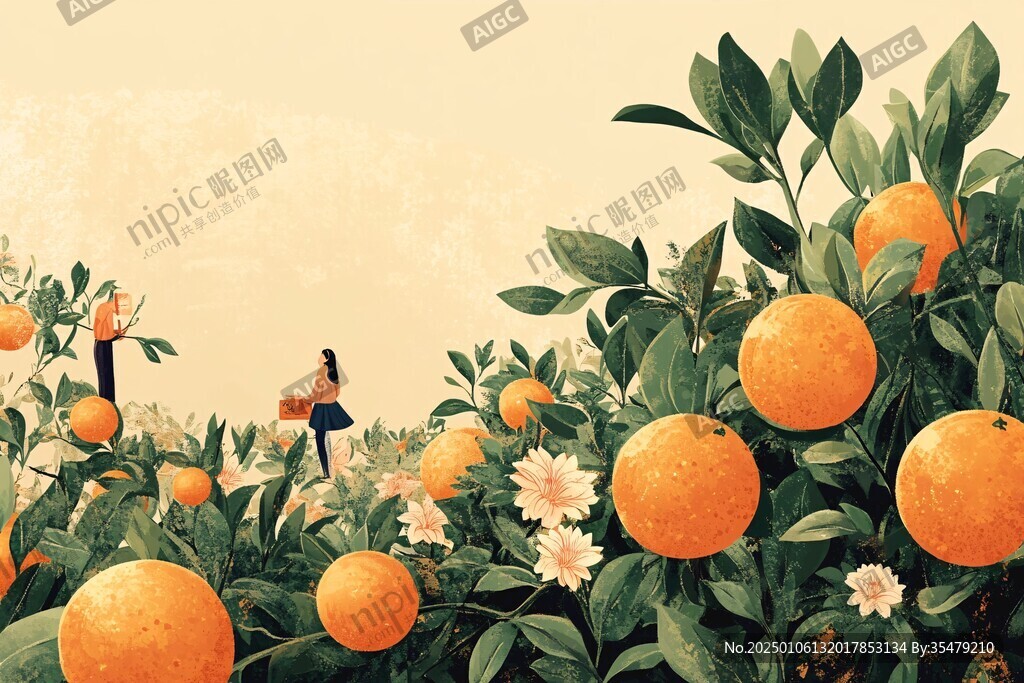 采柑果女孩插画