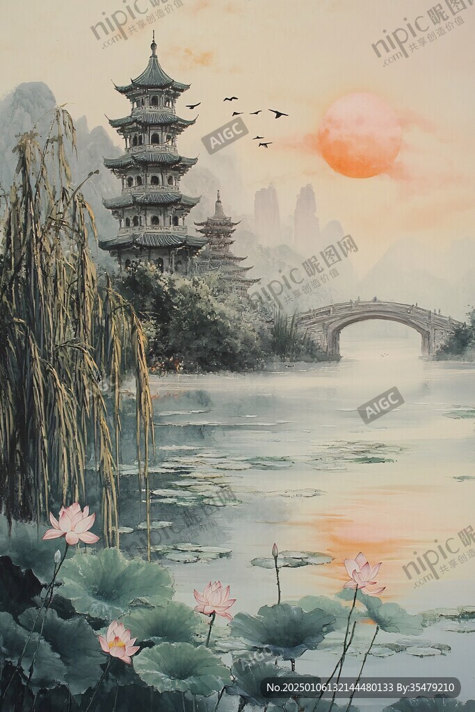 旭日东升楼阁山水画