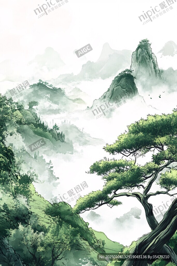 迎客松松树禅意山水