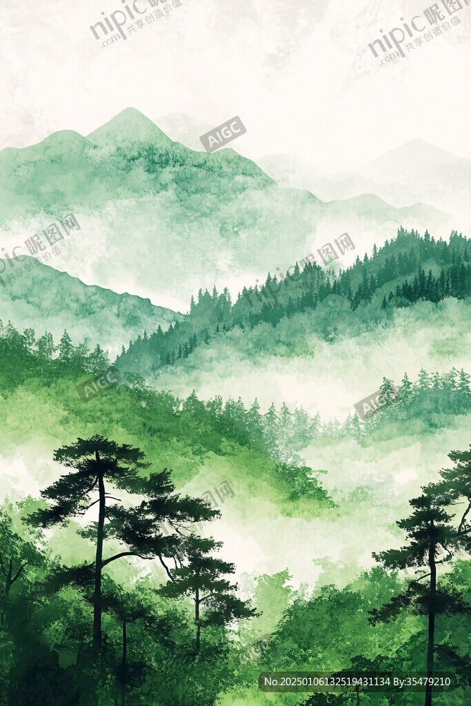 绿色水墨山峰背景