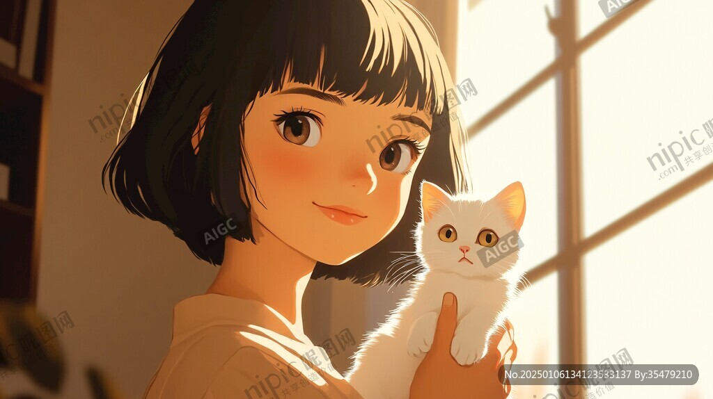 撸猫少女插画
