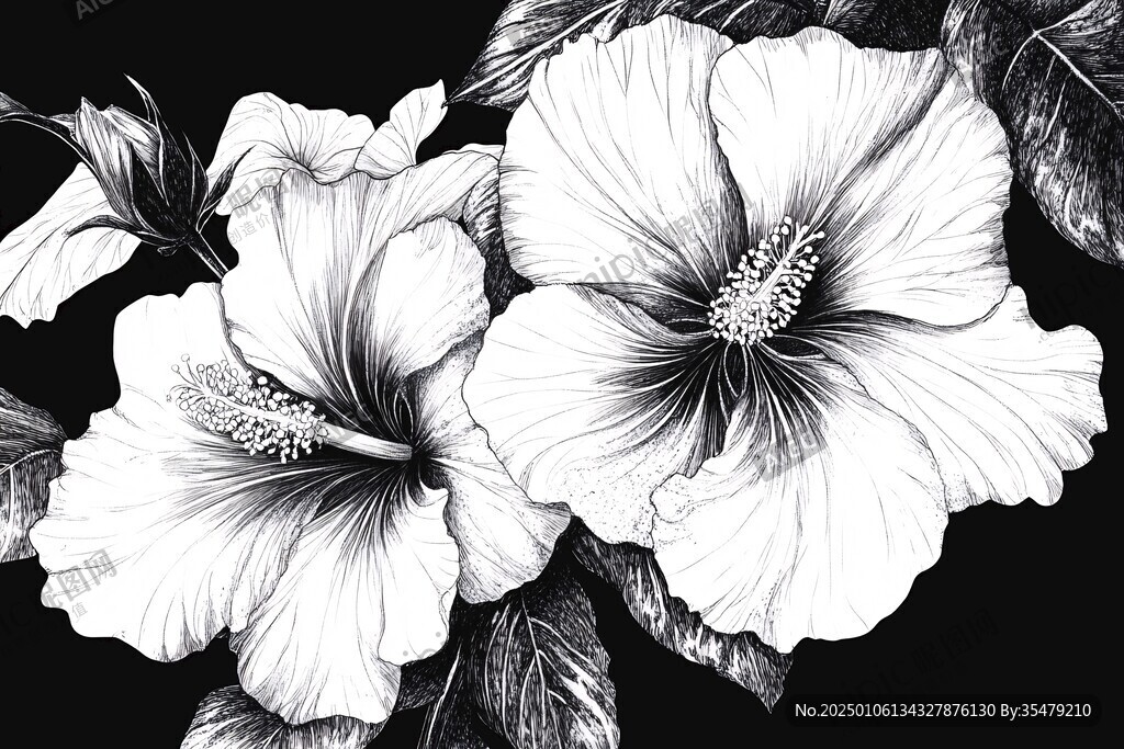 扶桑花朵手绘素描画