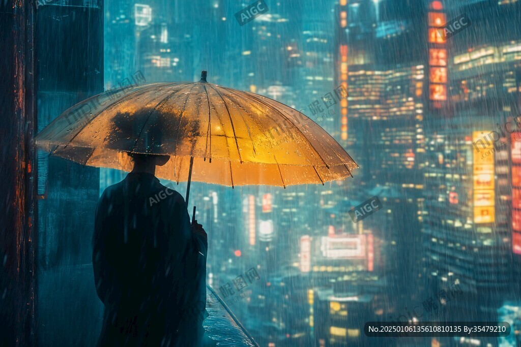 雨中撑伞的人