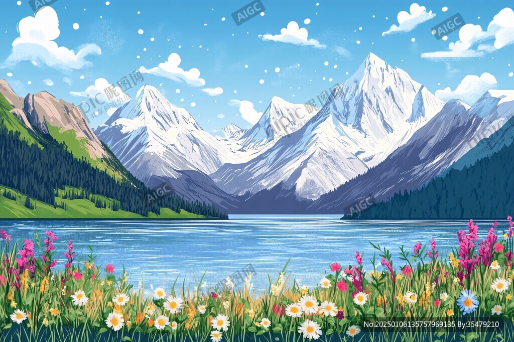 山湖插画