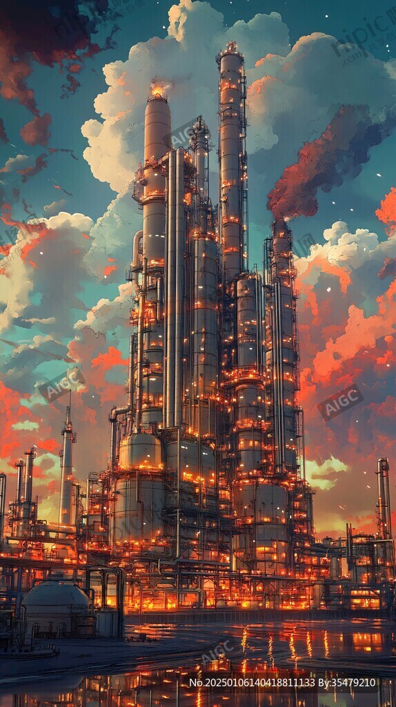 落日下的化工厂