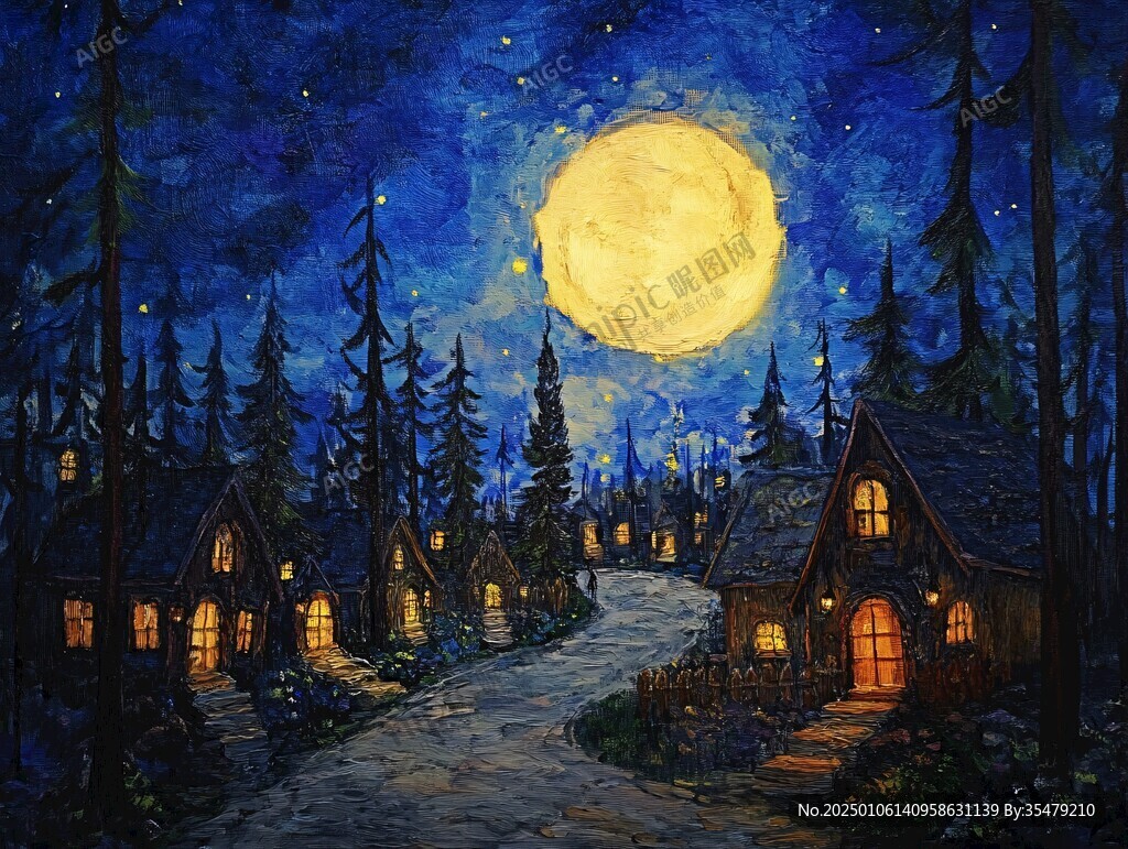 森林里的木屋夜景
