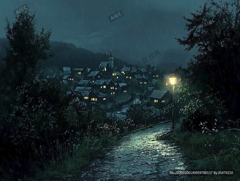 雨中的小村