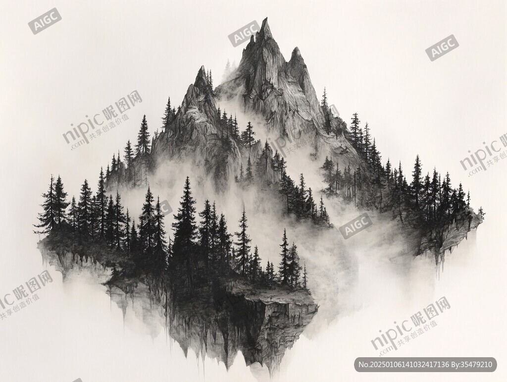 晕染墨迹禅境山峰