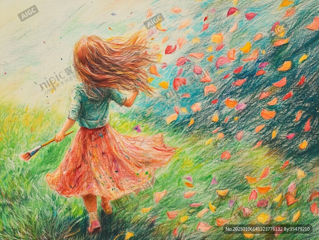 绘呆萌女孩躲雨无框画