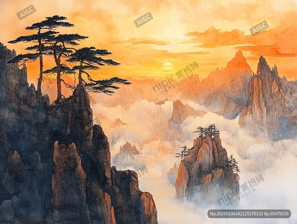 迎客松油画