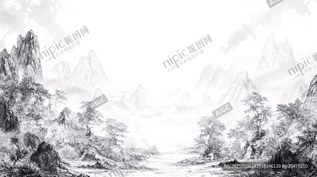 水墨远山宽幅大图
