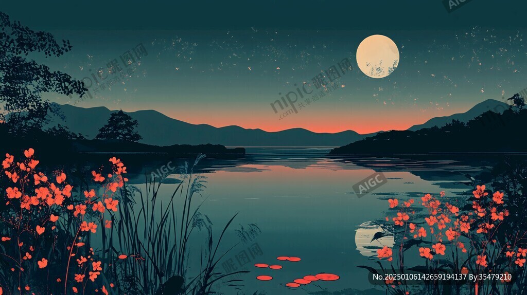 插画夜景湖泊