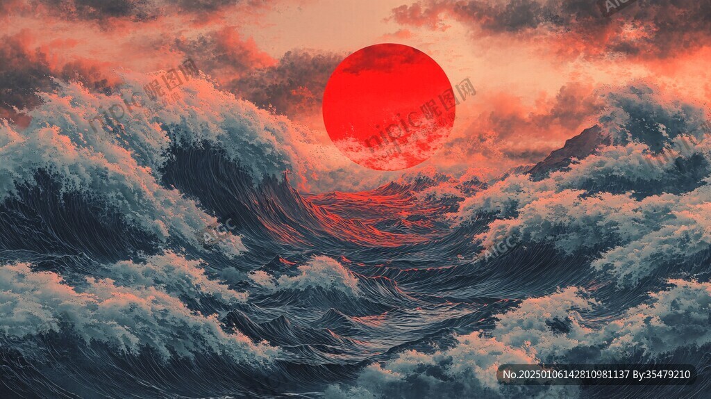 手绘海浪旭日东升