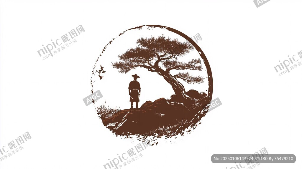 水墨圆形山水小品