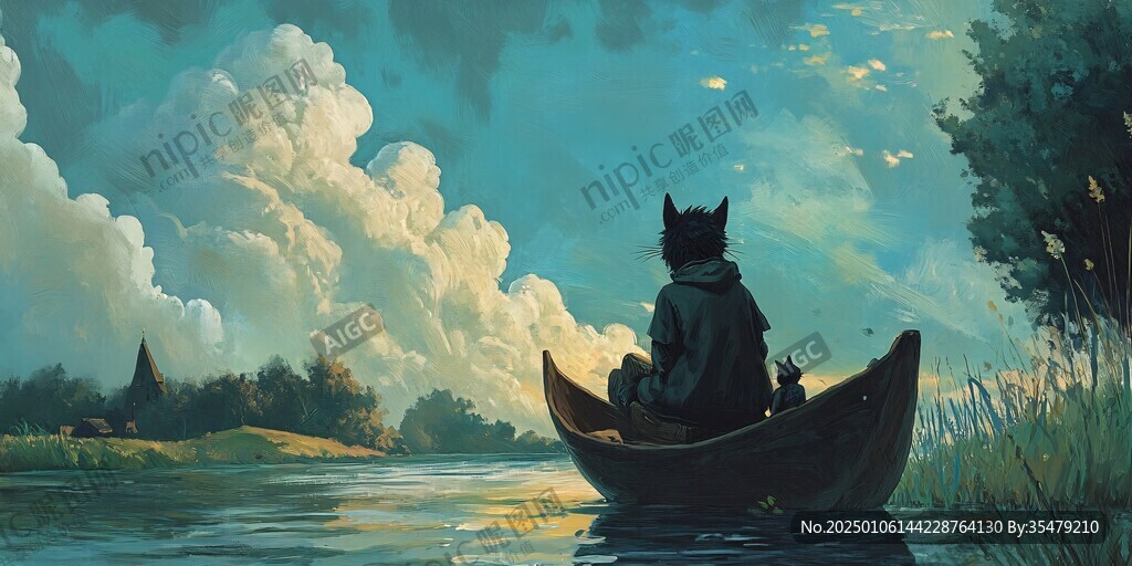 猫咪划船插画