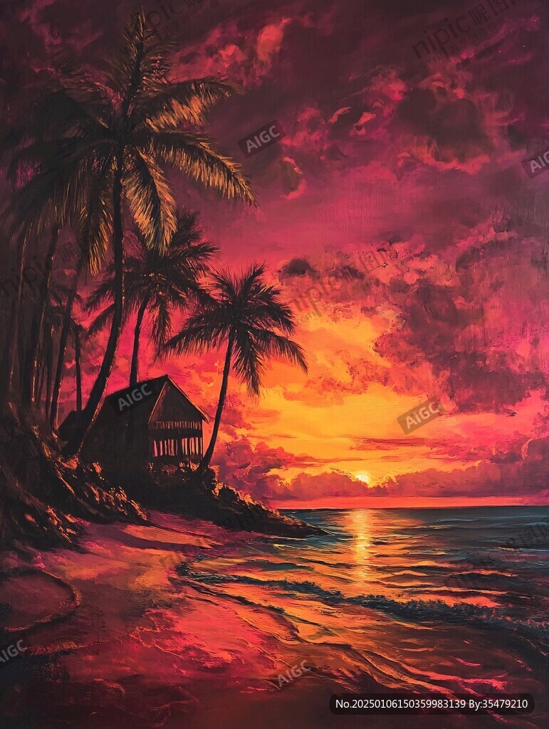 海边日落油画