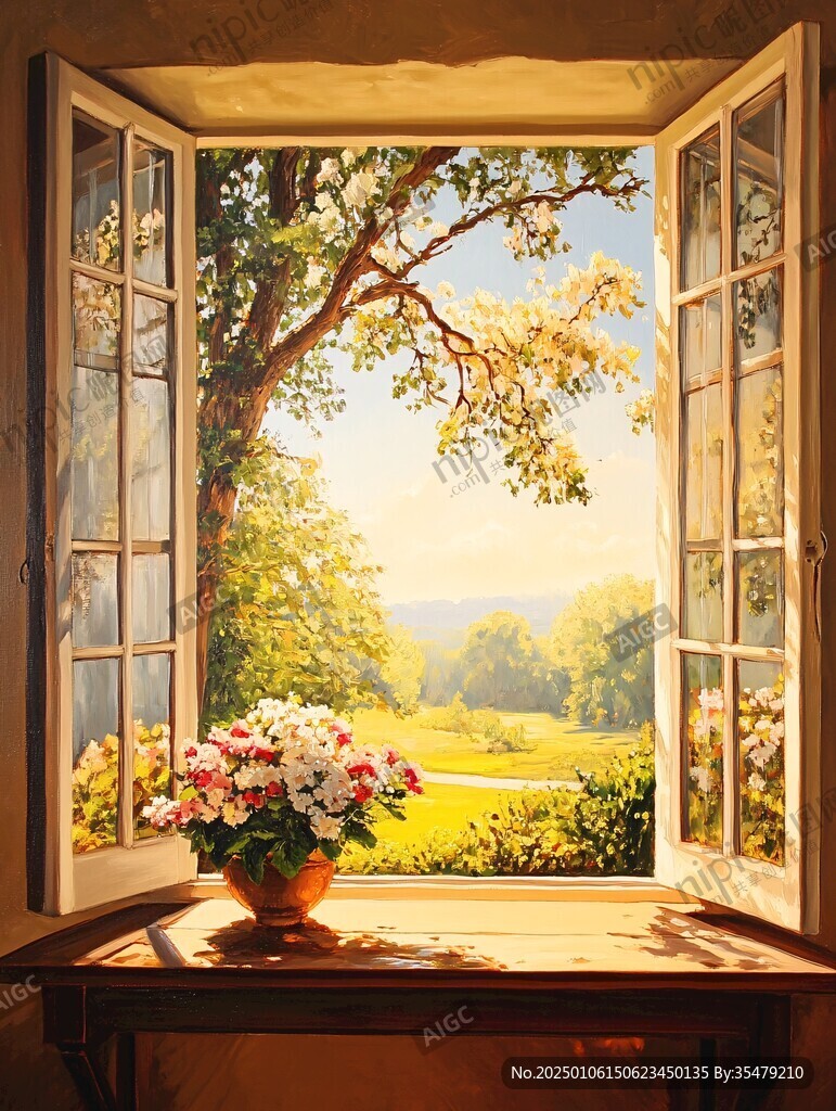 开满鲜花的窗户插画