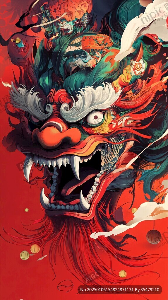 文创插画舞狮鸿运当头