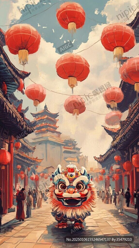 街道舞狮插画