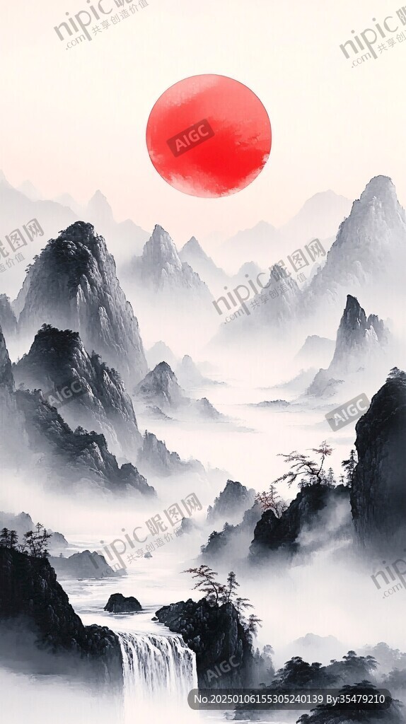 红日水墨山水