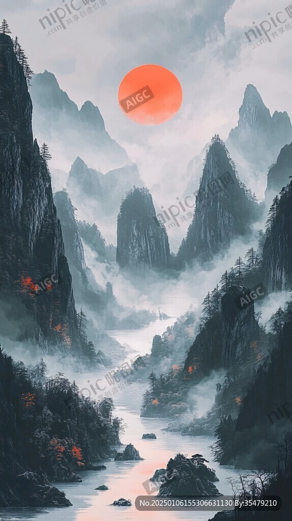 红日水墨山水