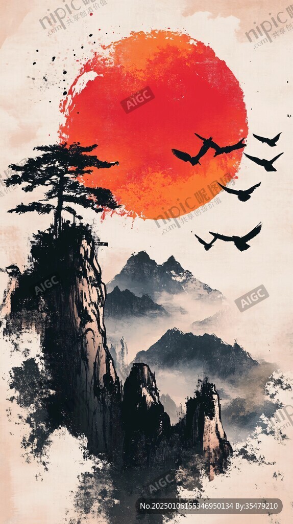 红日水墨山水