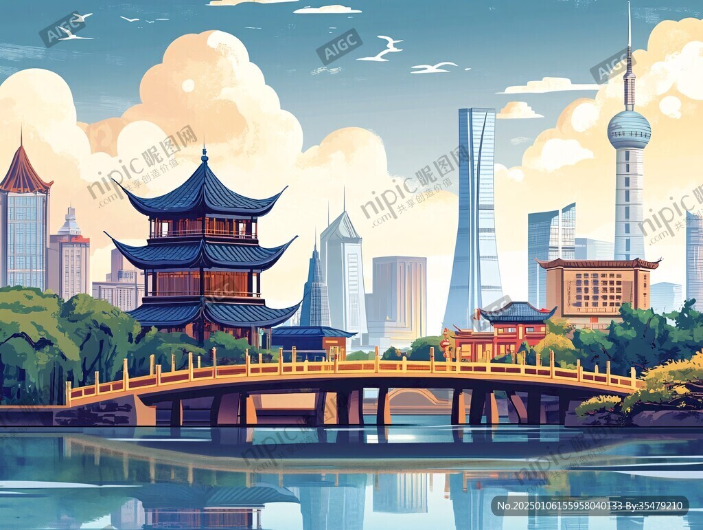 华东地区城市建筑插画