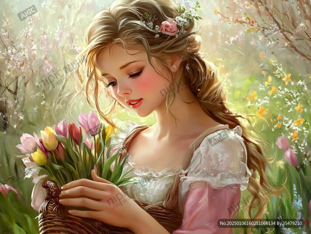 精美花手绘郁金香少女