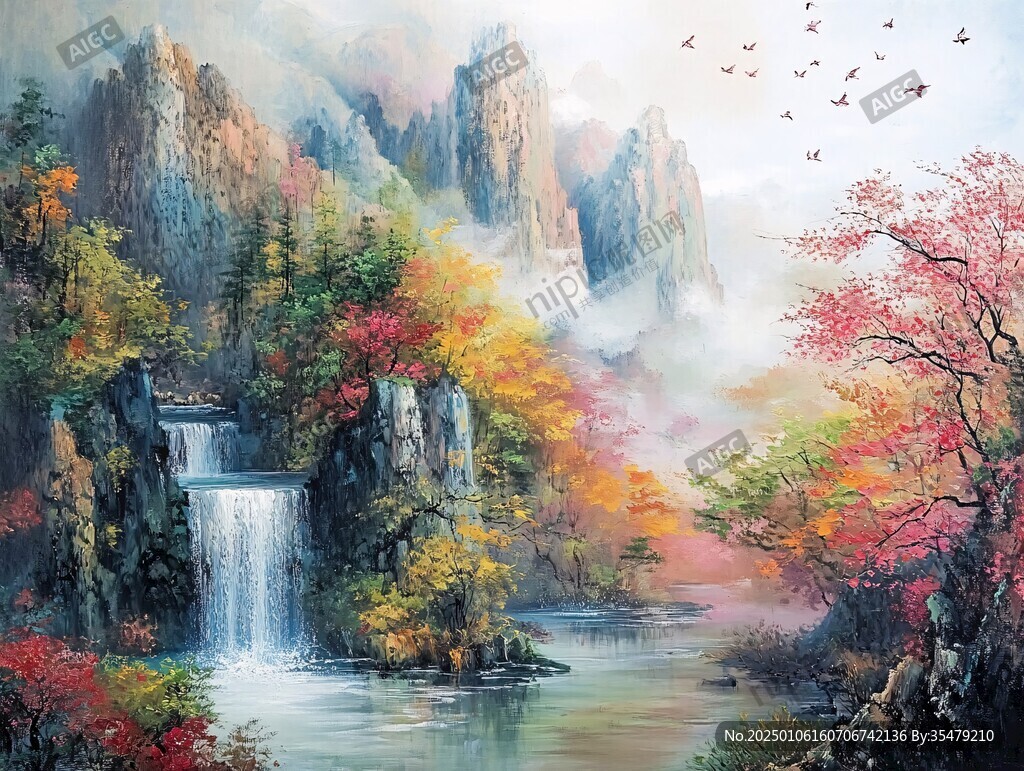 山水风景油画瀑布