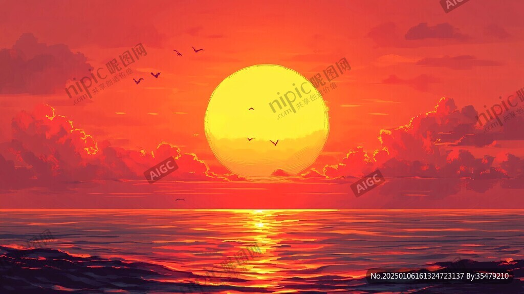 海上落日插画