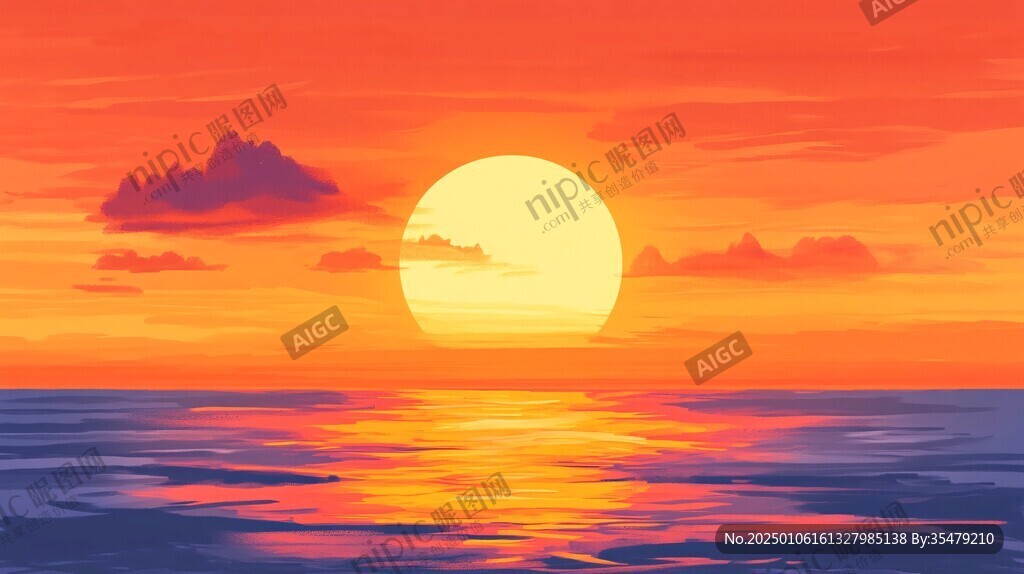 海上落日插画