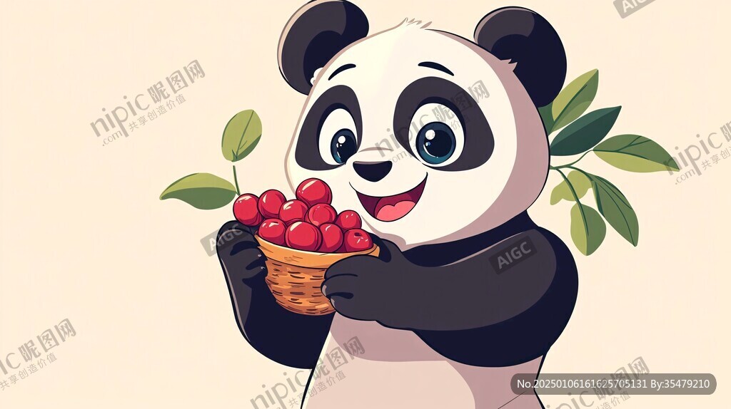 吃苹果的熊猫插画