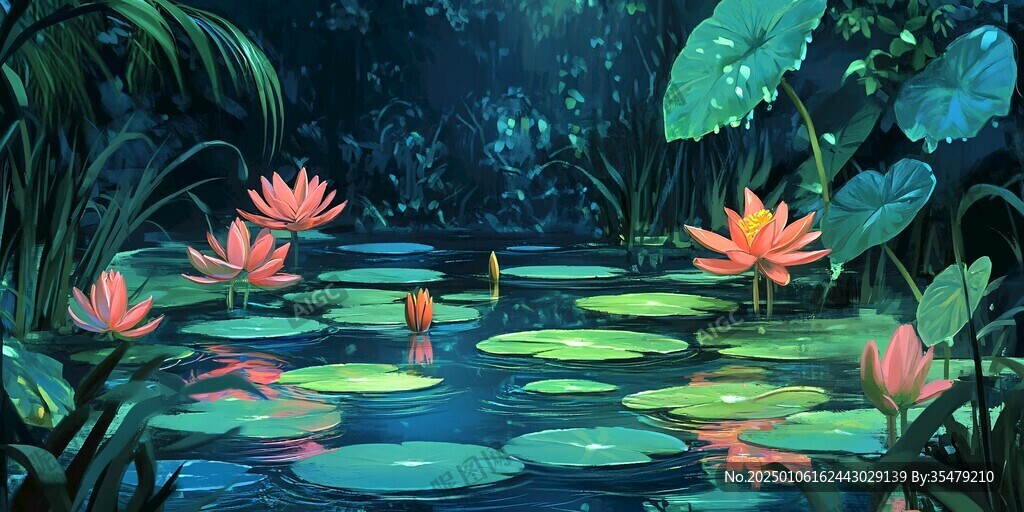 荷花池插画