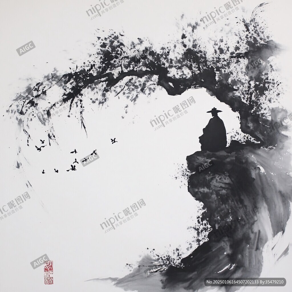 鹊立枝头水墨画