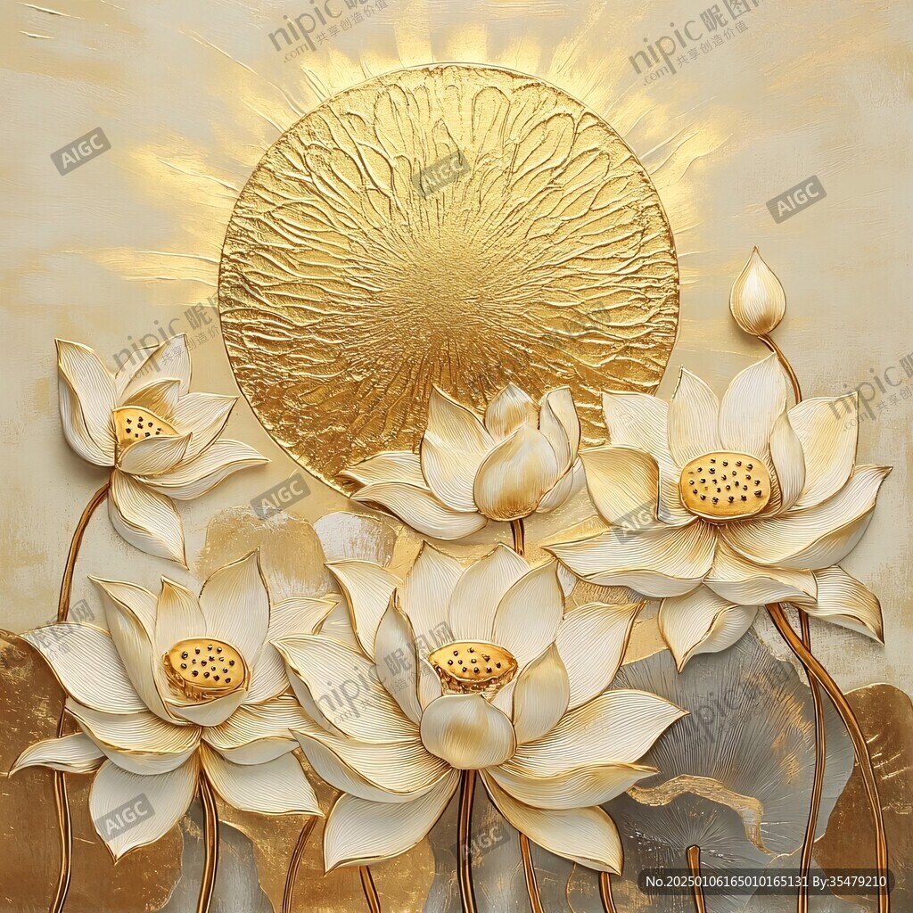 金色绽放荷花壁画