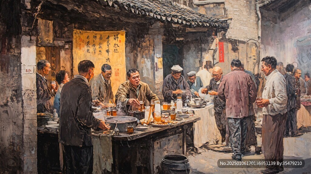 茶馆场景油画