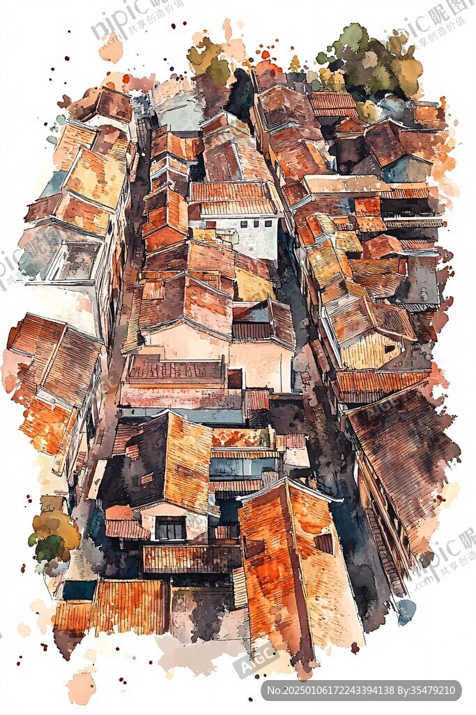 水彩古镇