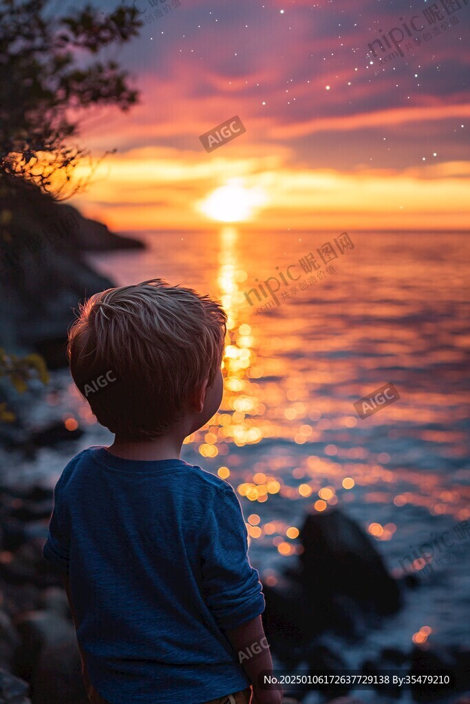 夕阳下玩耍的小男孩