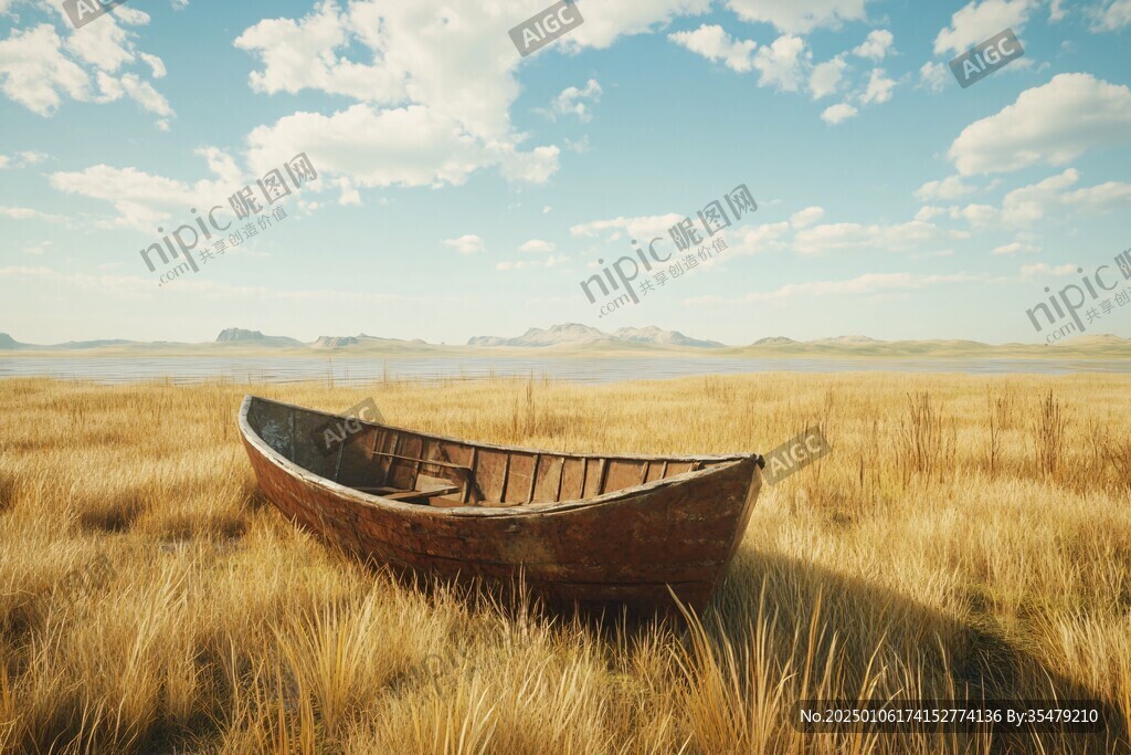 黄色草海里的木舟