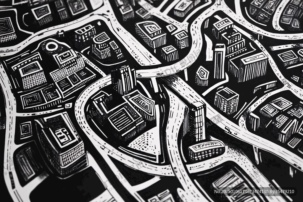 城市黑白线条画