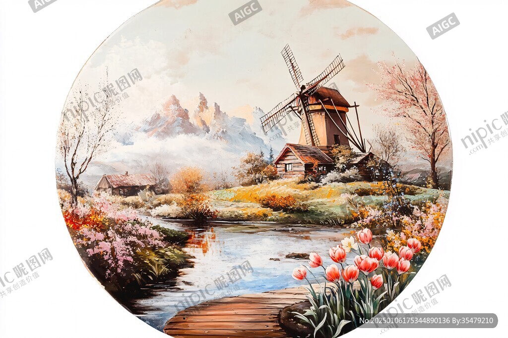 油画风景大风车油画