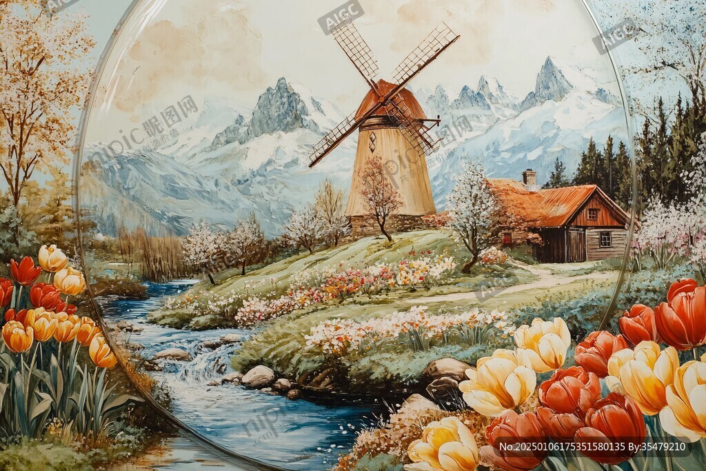 油画风景大风车油画