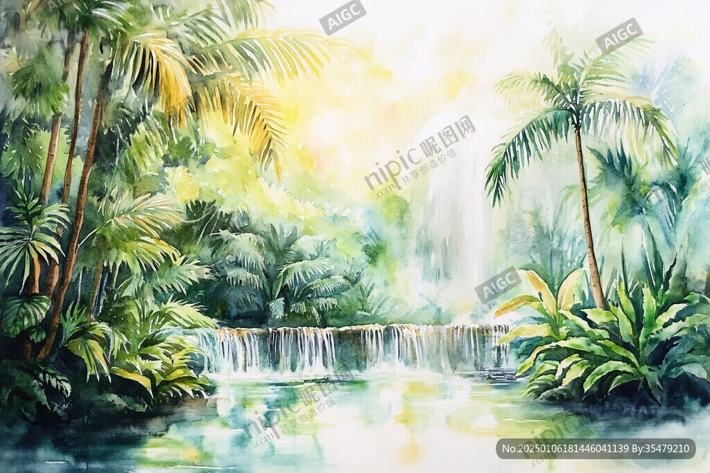 热带风景水彩画