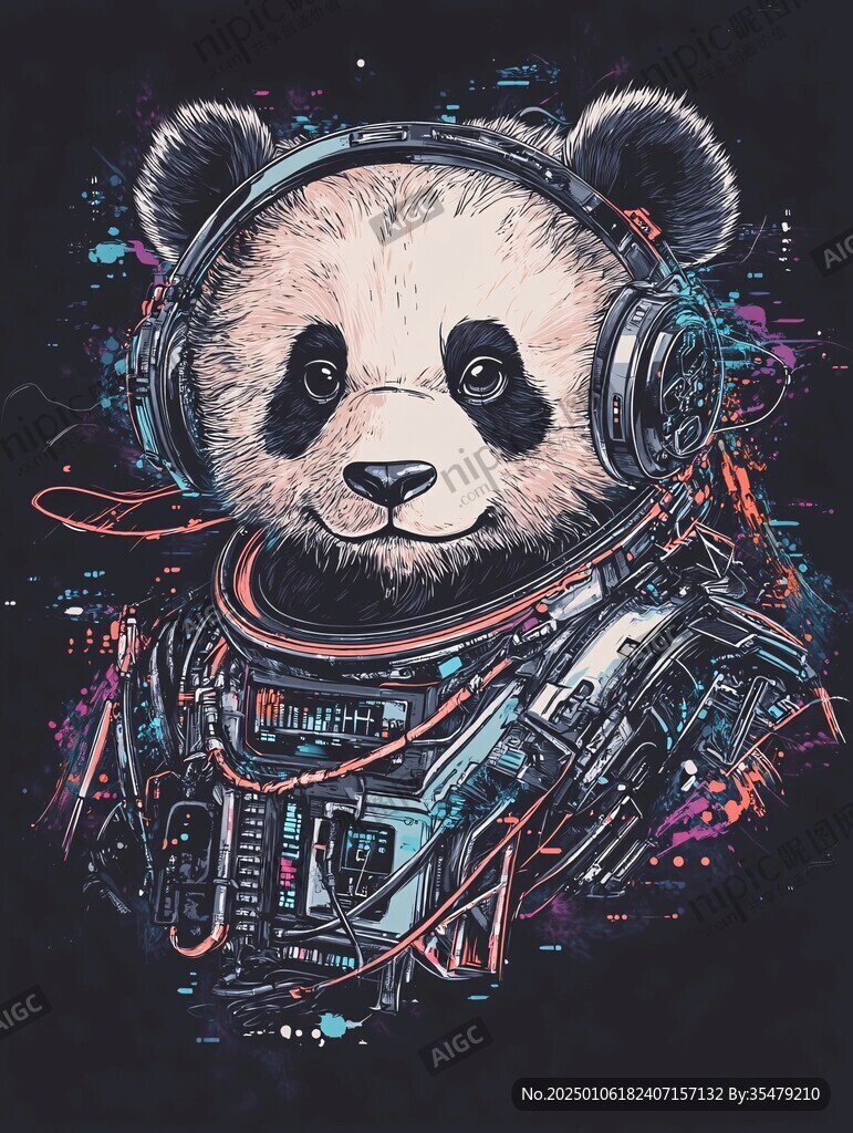 科技熊猫图案印花