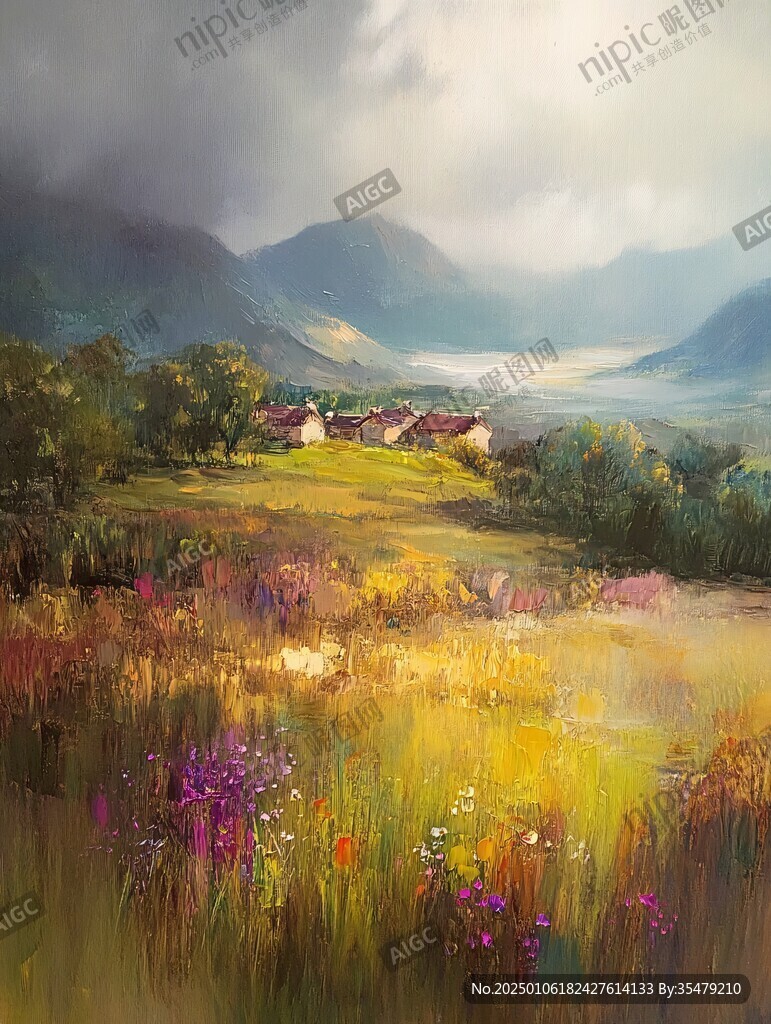 唯美田园风光油画